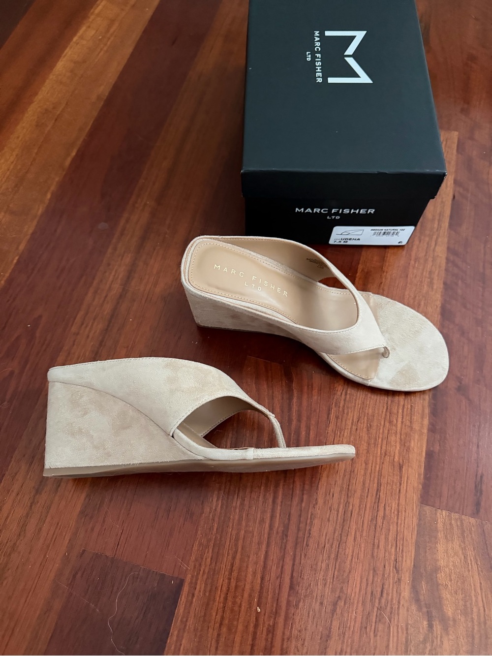 Marc Fisher Udena natural Beige Suede Wedge Thong Sandals